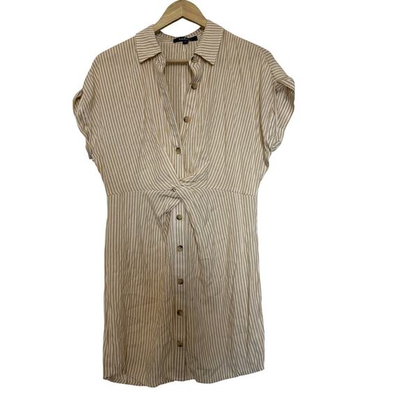 NWT Casual Perfection Tan Striped Twist-Front Shirt Dress Tan White Size Small - Picture 2 of 8